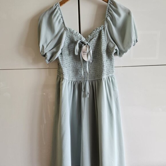 New Sage Puff Sleeve Smocked Mini Dress Square Neck - Picture 2 of 10